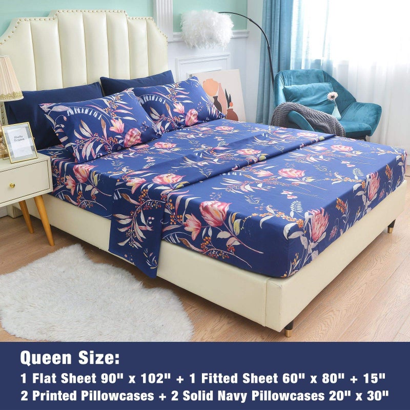 JSD Navy Blue Floral Printed Sheet Set Queen 6 Piece, Soft Microfiber Botanical Pattern Bed Sheets Extra Deep Pocket - Image 2